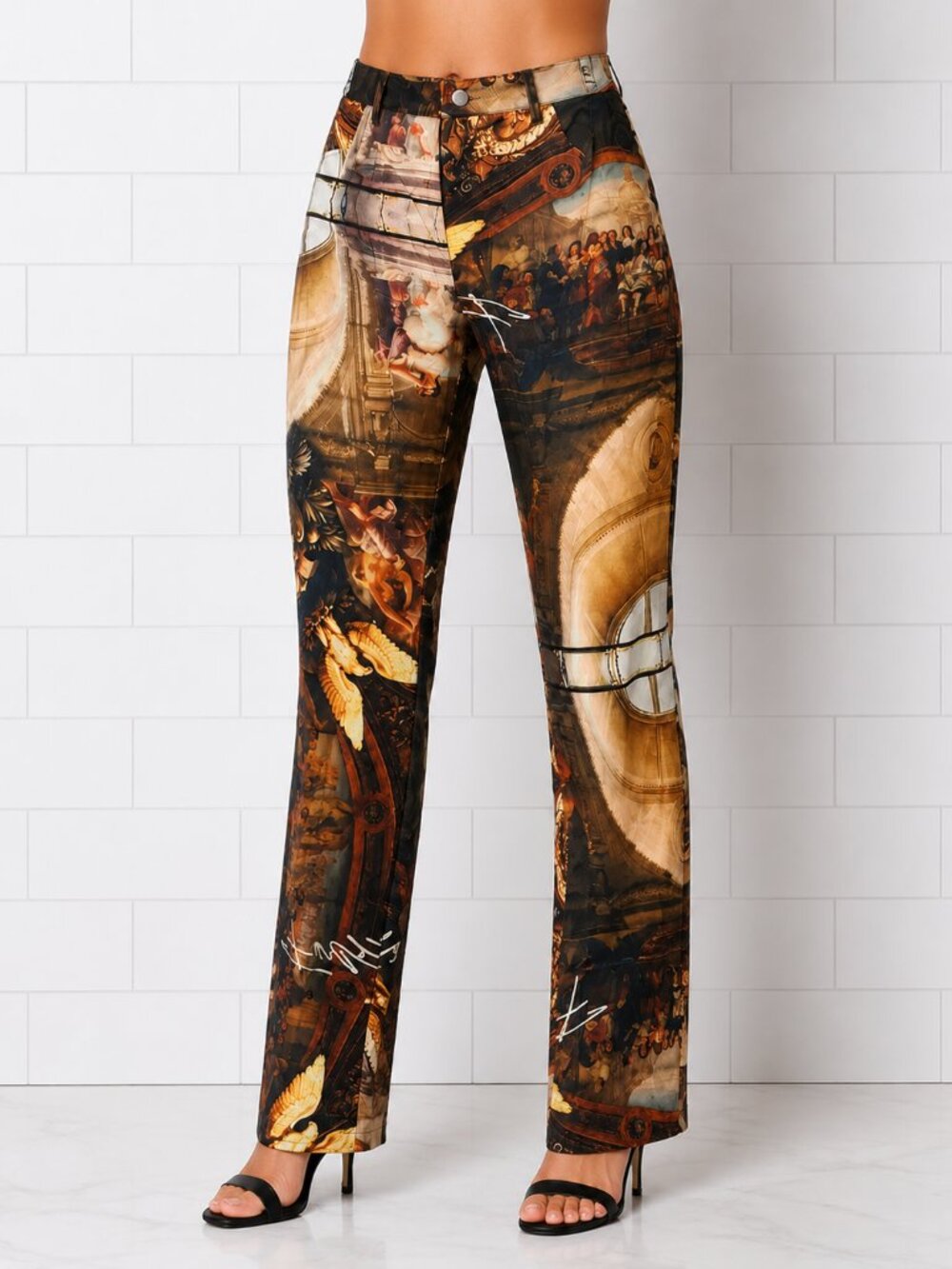 Finesse Italian Baroque Print Straight Leg Pants Old Money European Artistic S